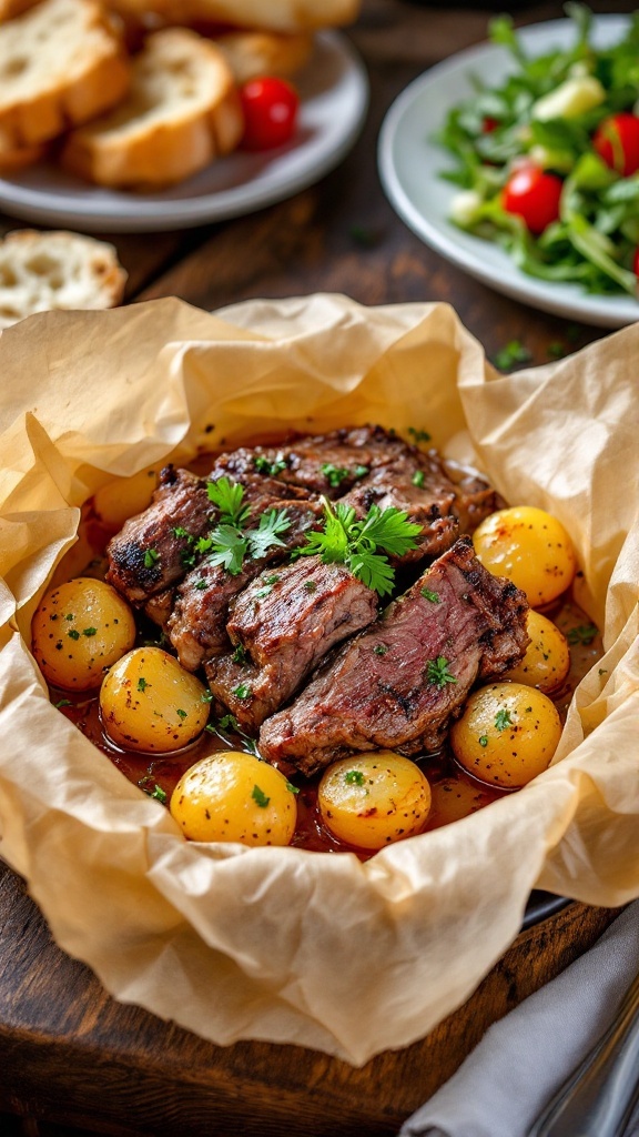 A serving of Greek Lamb Kleftiko with tender lamb and potatoes in parchment, garnished with parsley.